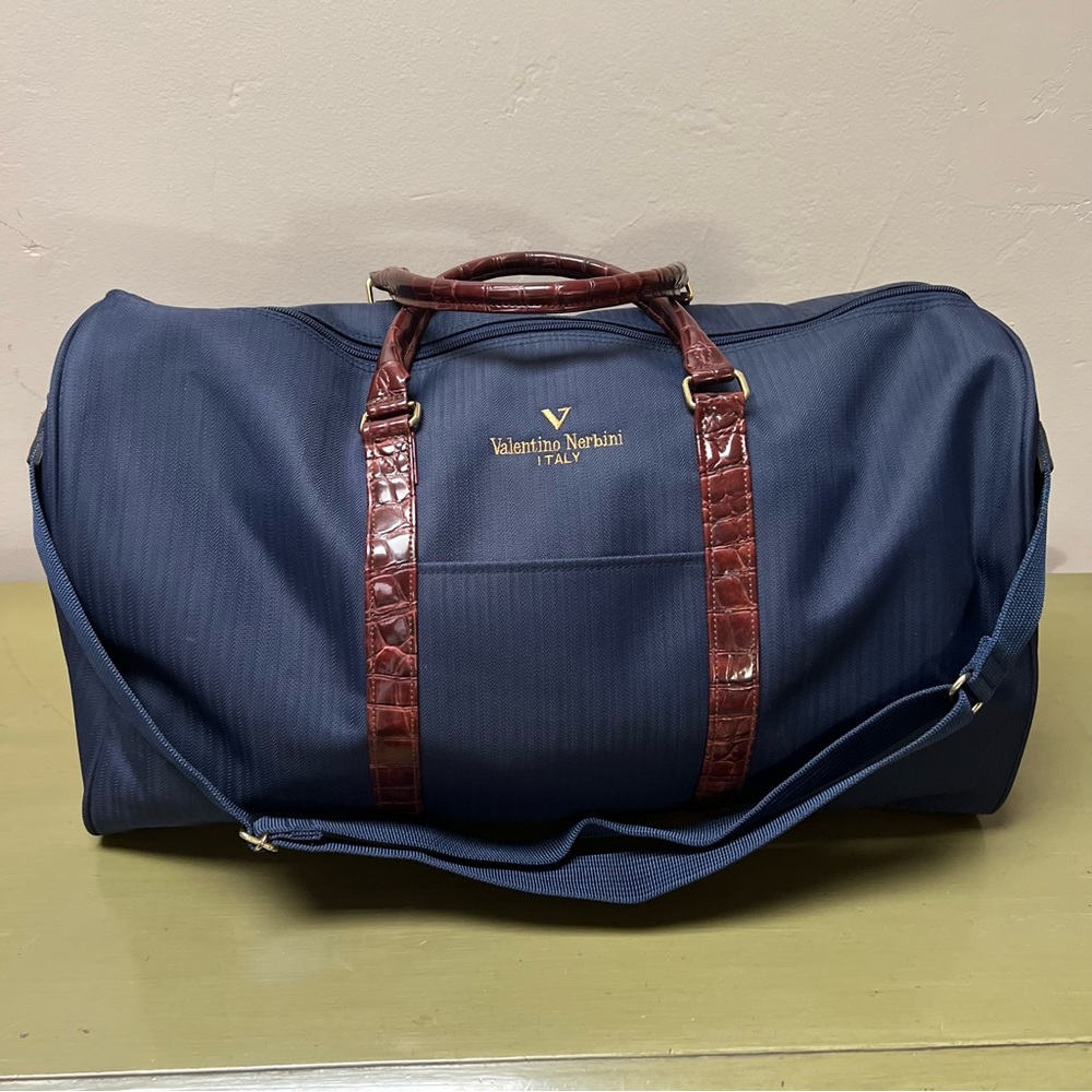 Valentino Verbini Blue Travel Duffel Bag w/ Brown Leather Accents EUC Unisex